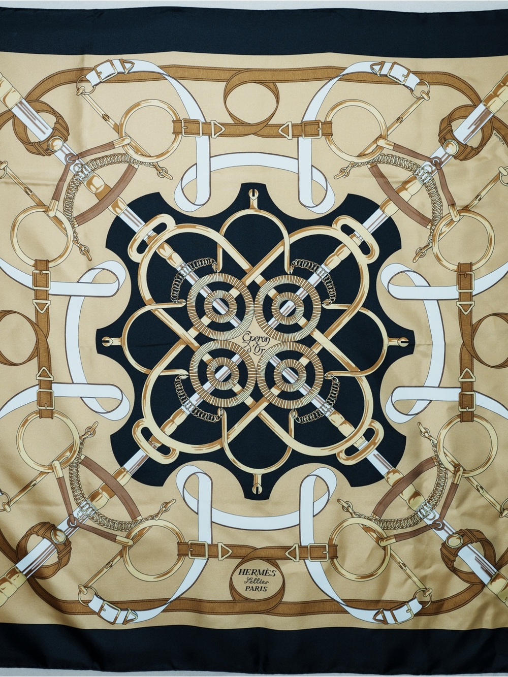 Hermès Eperon d’Or Flagship w/box Silk Scarf in Black, Cream and Gold 90cm